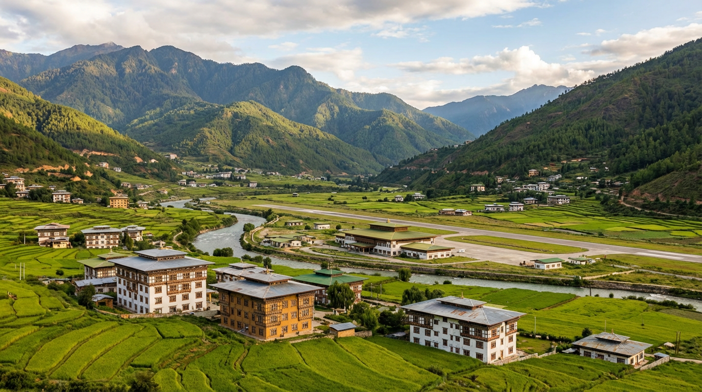 Panoramablick über das Paro-Tal mit traditionellen bhutanischen Hotels und dem Flughafen im Hintergrund, umgeben von grünen Reisfeldern und Bergen