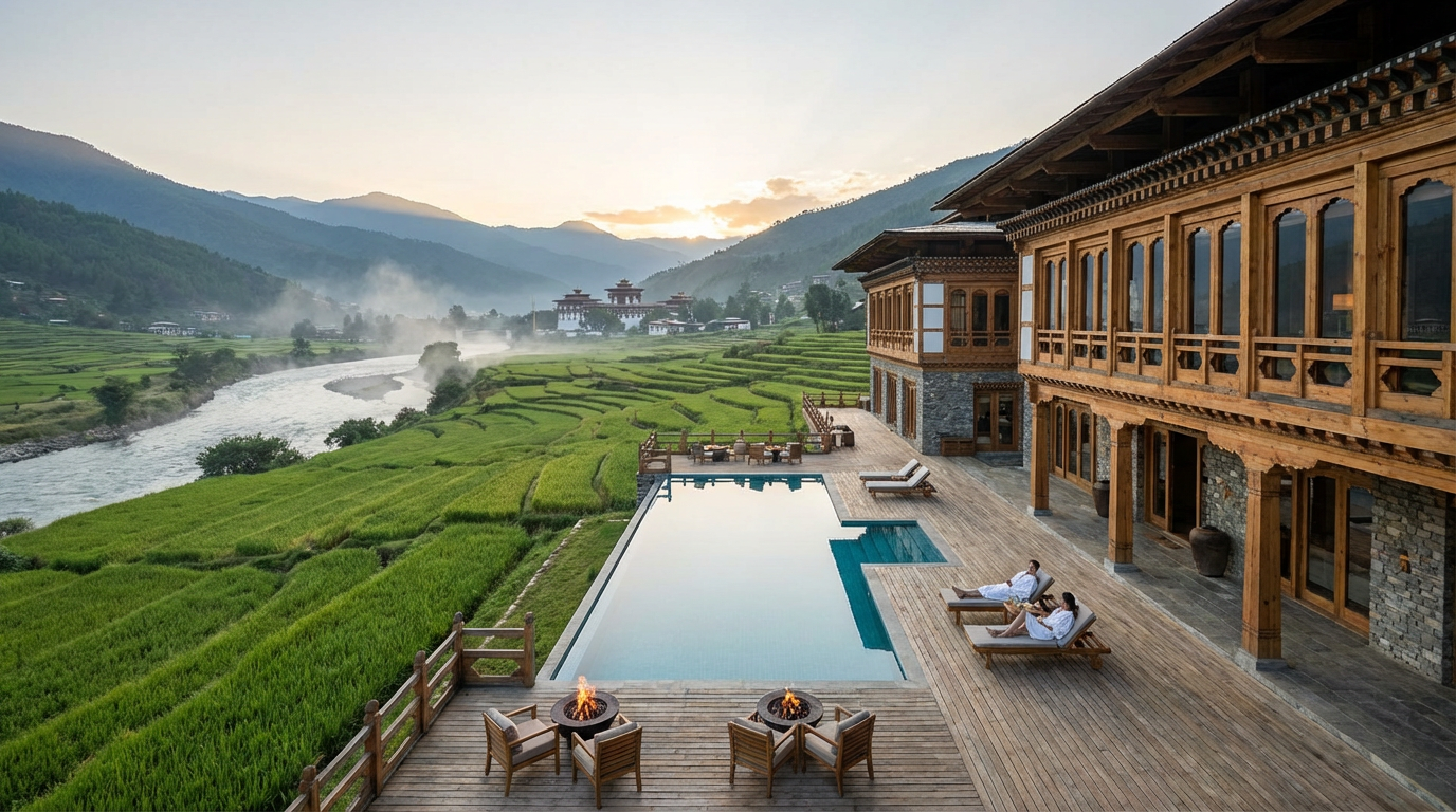 Luxuriöse River Lodge in Punakha mit Terrasse und Infinity-Pool, umgeben von grünen Reisfeldern und dem Fluss im Hintergrund