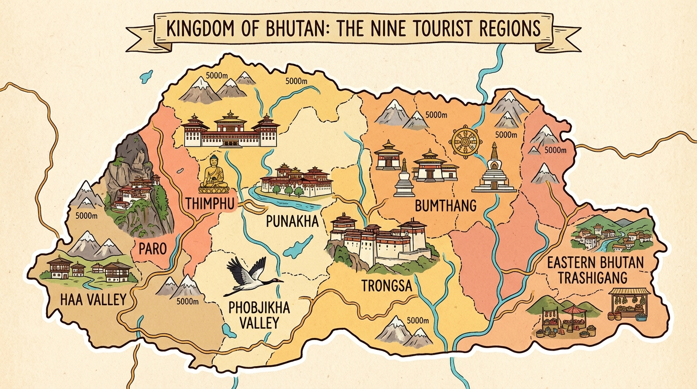 Stilisierte Landkarte von Bhutan mit allen neun touristischen Hauptregionen: Paro (Westen, mit Tigernest-Symbol), Thimphu (Hauptstadt), Punakha (Zentral-West), Haa-Tal (äußerster Westen), Phobjikha (Zentral, mit Kranich-Symbol), Trongsa (Zentral), Bumthang (Zentral-Ost, spirituelles Zentrum), und Ostbhutan (Trashigang). Die Karte zeigt Flüsse, Hauptstraßen und Höhenangaben der wichtigsten Täler.