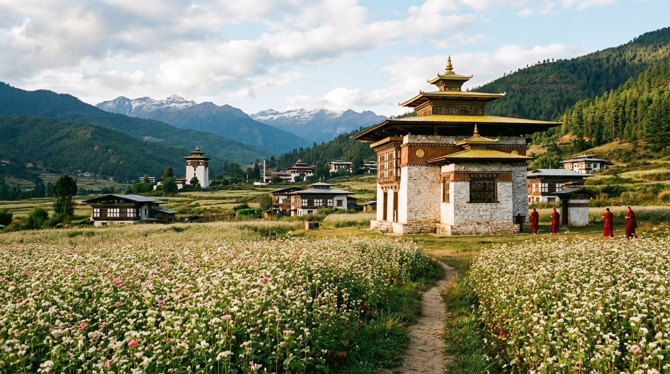Das Bumthang-Tal mit dem historischen Jambay Lhakhang Tempel, Buchweizenfeldern und dem charakteristischen Turm des Kurjey Lhakhang im Hintergrund