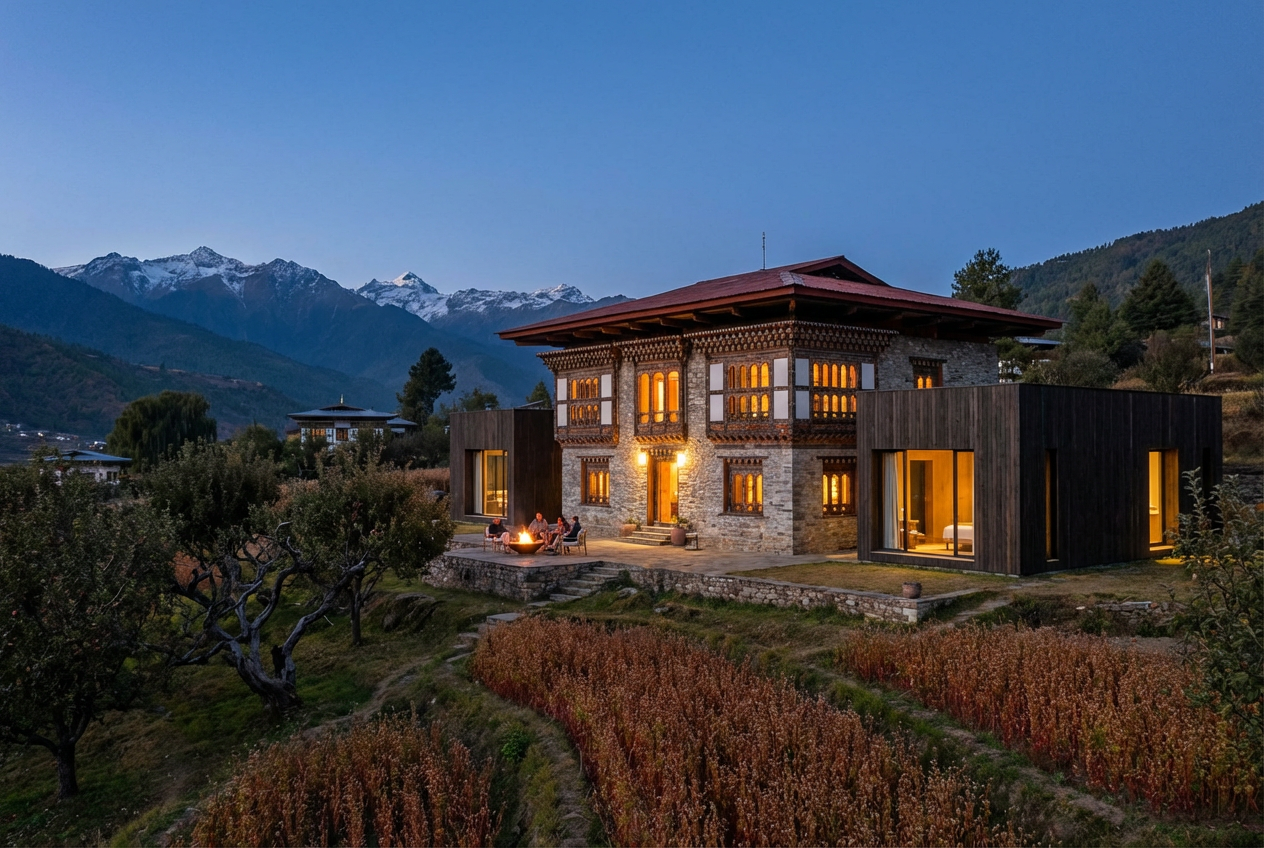 Die Amankora Bumthang Lodge: Ein restauriertes traditionelles bhutanisches Herrenhaus mit modernen Anbauten, umgeben von Apfelbäumen und Buchweizenfeldern, warmes Licht strahlt aus den Fenstern in der Abenddämmerung