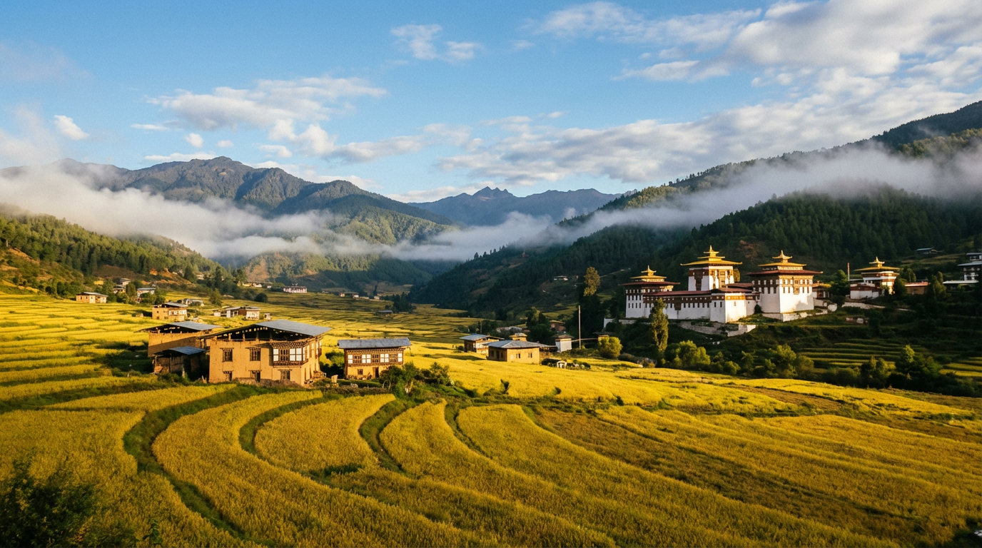 Panorama des Bumthang-Tals bei goldenem Morgenlicht: Das weite Chokhor-Tal auf 2.600 Metern Höhe mit traditionellen bhutanischen Bauernhäusern zwischen goldgelben Buchweizenfeldern, im Hintergrund die bewaldeten Berghänge mit Nebelschwaden, der weiße Kurje Lhakhang-Komplex schimmert am Talhang, blauer Himmel mit einzelnen Wolken
