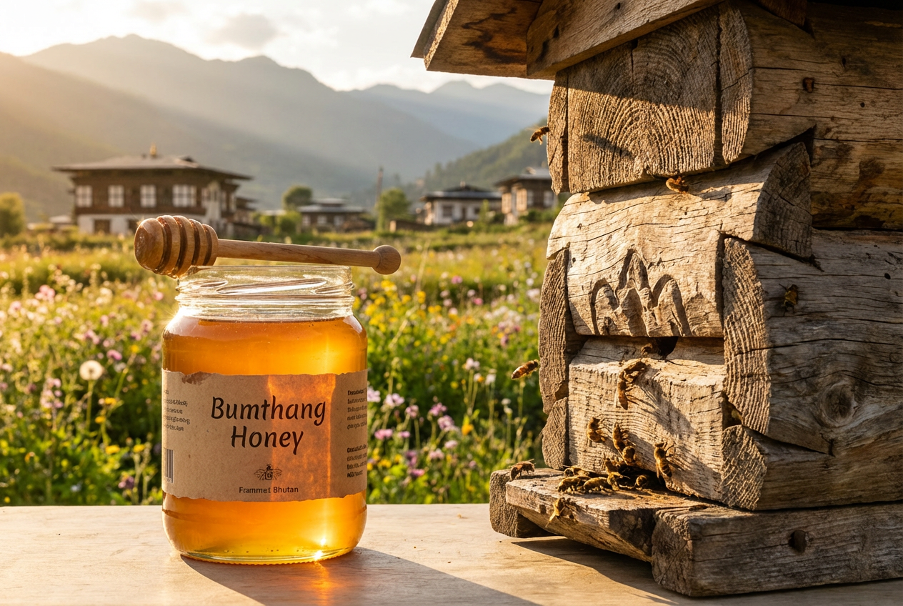 Ein Glas goldenen Bumthang-Honigs neben einer traditionellen Bienenstockkonstruktion aus Holz, im Hintergrund blühende Bergwiesen und bhutanische Bauernhäuser