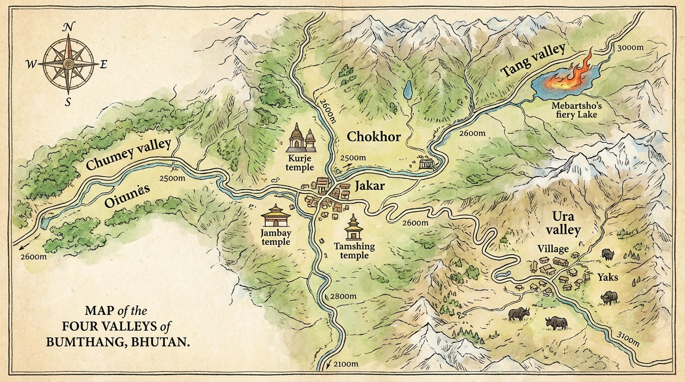 Illustrierte Karte der vier Täler von Bumthang: Das Chokhor-Tal im Zentrum mit Jakar und den wichtigsten Tempeln (Kurje, Jambay, Tamshing), westlich davon das Chumey-Tal, nordöstlich das Tang-Tal mit Mebartsho, und südöstlich das hochgelegene Ura-Tal – alle verbunden durch kurvenreiche Bergstraßen, mit Höhenangaben und wichtigen Sehenswürdigkeiten markiert