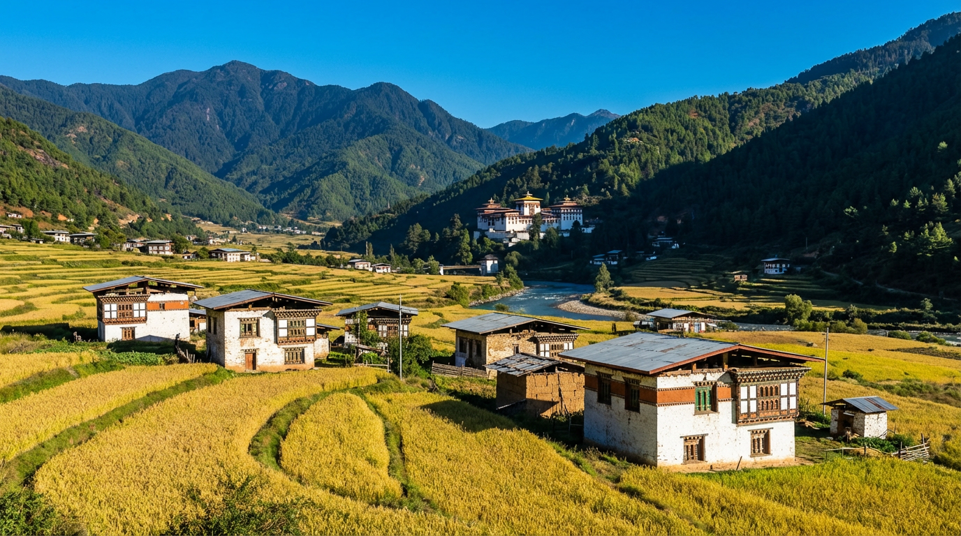 Das Chokhor-Tal im Spätsommer: Ein weites, sanft geschwungenes Hochtal mit goldgelben Buchweizenfeldern im Vordergrund, traditionelle bhutanische Bauernhäuser mit weißen Wänden und bunten Fensterrahmen verstreut zwischen den Feldern, im Hintergrund die bewaldeten Berghänge mit dem weißen Kurje Lhakhang-Komplex am Hang, blauer Himmel