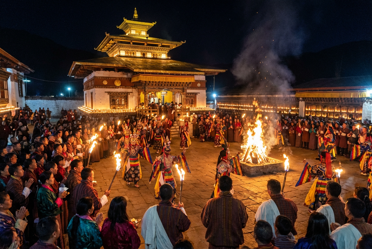 Das Jambay Lhakhang Drup Festival bei Nacht: Tänzer in ritueller Aufführung vor dem erleuchteten Tempel, Fackeln und Butterlampen tauchen die Szene in warmes Licht, Zuschauer in traditioneller Kleidung umringen den Platz