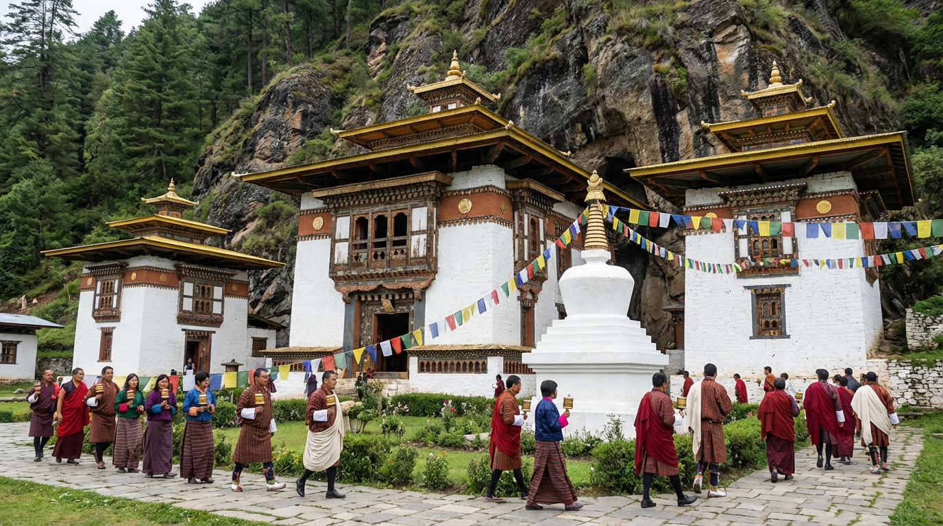 Der Kurje Lhakhang-Komplex im Chokhor-Tal: Drei weiße Tempelgebäude mit goldenen Dächern schmiegen sich an einen bewaldeten Felshang, der mittlere Tempel (mit der heiligen Höhle) ist der älteste, eine hohe weiße Chorten-Stupa steht im Vordergrund, bunte Gebetsfahnen spannen sich zwischen den Gebäuden, Pilger in traditioneller Kleidung umrunden den Komplex