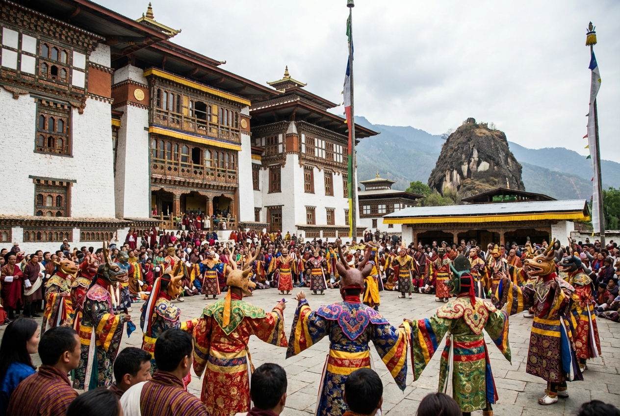 Maskentänzer beim Kurje Tshechu: Mönche in farbenprächtigen Kostümen und Masken führen rituelle Tänze vor dem Kurje Lhakhang auf, im Hintergrund die weißen Tempelgebäude und der heilige Felsen