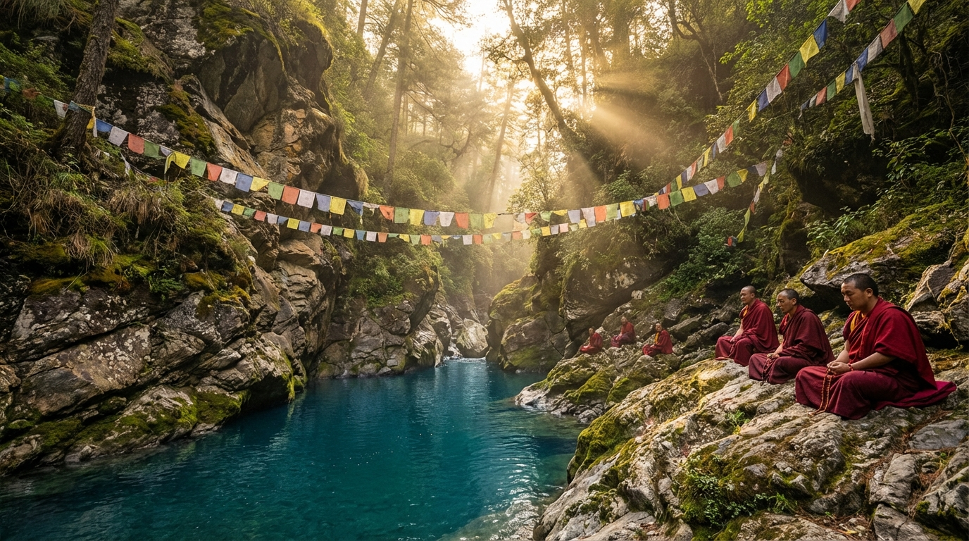 Der Mebartsho (flammende See) im Tang-Tal: Ein tiefblauer, stiller Pool in einer engen Schlucht, hohe Felswände beidseitig mit Moos bewachsen, bunte Gebetsfahnen spannen sich über das Wasser, einige Pilger sitzen am Ufer in stiller Meditation, Sonnenstrahlen fallen durch die Bäume auf das Wasser