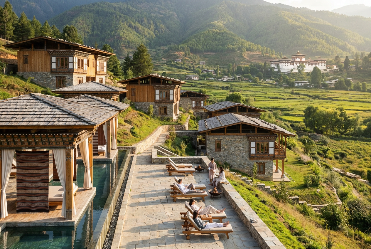 Das Six Senses Bumthang: Moderne Lodges mit traditionellen bhutanischen Elementen auf einem Hügel über dem Chokhor-Tal, der Jakar Dzong schimmert in der Ferne, Gäste entspannen auf einer Terrasse mit Panoramablick