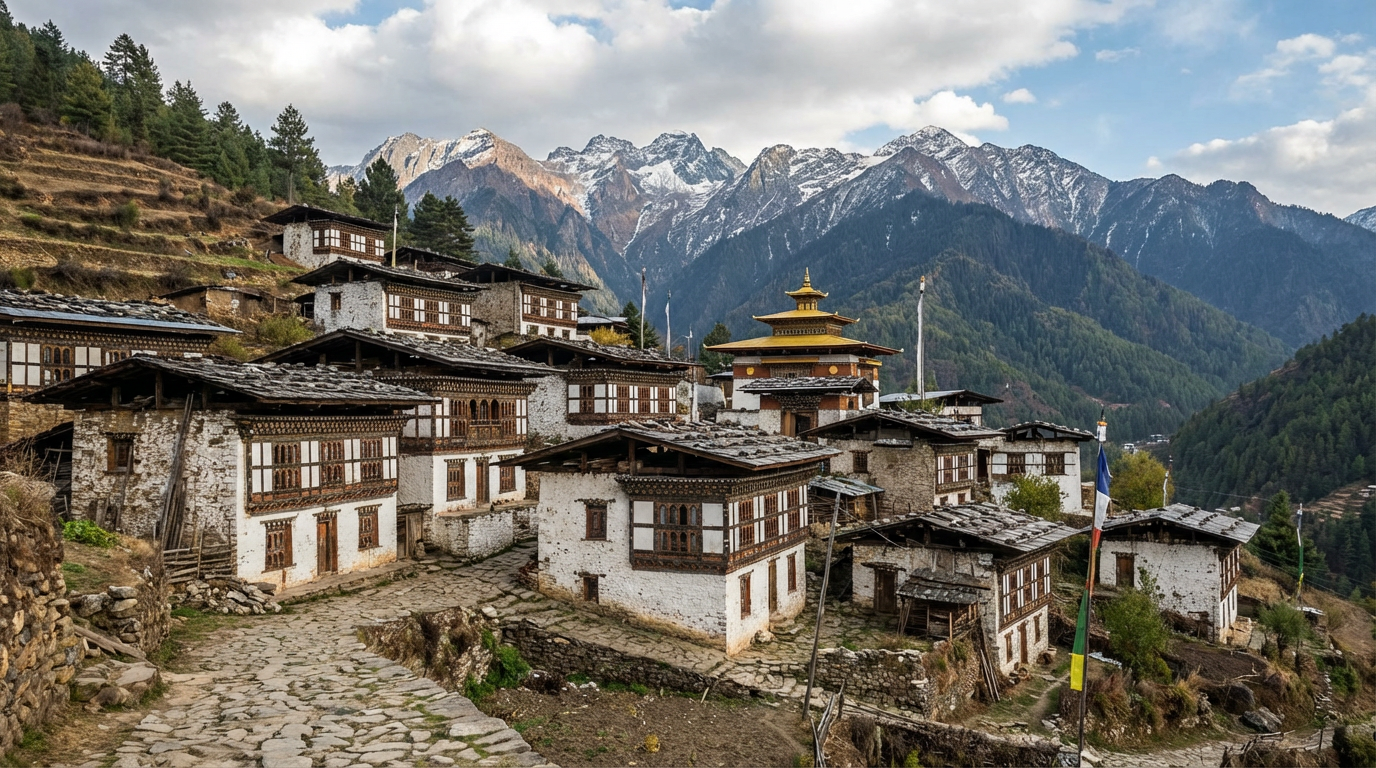 Das traditionelle Dorf Ura auf 3.100 Metern Höhe: Eng gedrängte, mehrstöckige bhutanische Häuser mit weiß getünchten Wänden und dunkelbraunen Holzbalkonen an einem Berghang, gepflasterte Gassen zwischen den Gebäuden, im Hintergrund der Ura Lhakhang mit seinem goldenen Dach, schneebedeckte Gipfel am Horizont