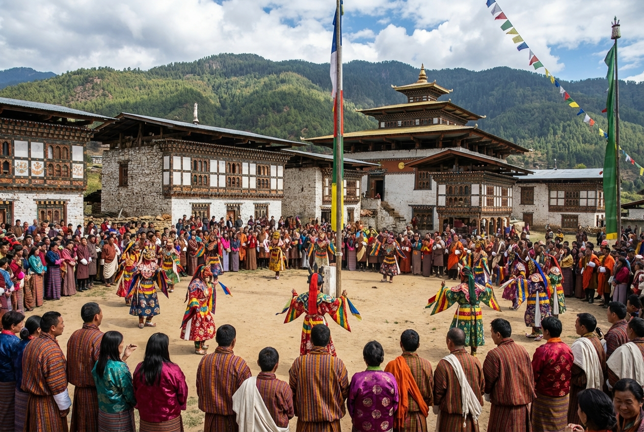 Das Ura Yakchoe Festival im Dorf Ura: Einheimische in bunter traditioneller Festtagskleidung versammeln sich auf dem Dorfplatz, im Hintergrund die traditionellen Häuser und der Ura Lhakhang