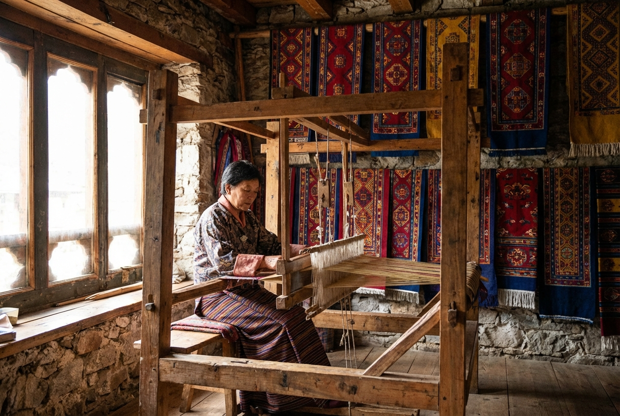 Eine bhutanische Frau in traditioneller Kleidung arbeitet an einem hölzernen Webstuhl, bunte Yathra-Stoffe mit geometrischen Mustern in Rot, Blau und Gelb hängen im Hintergrund