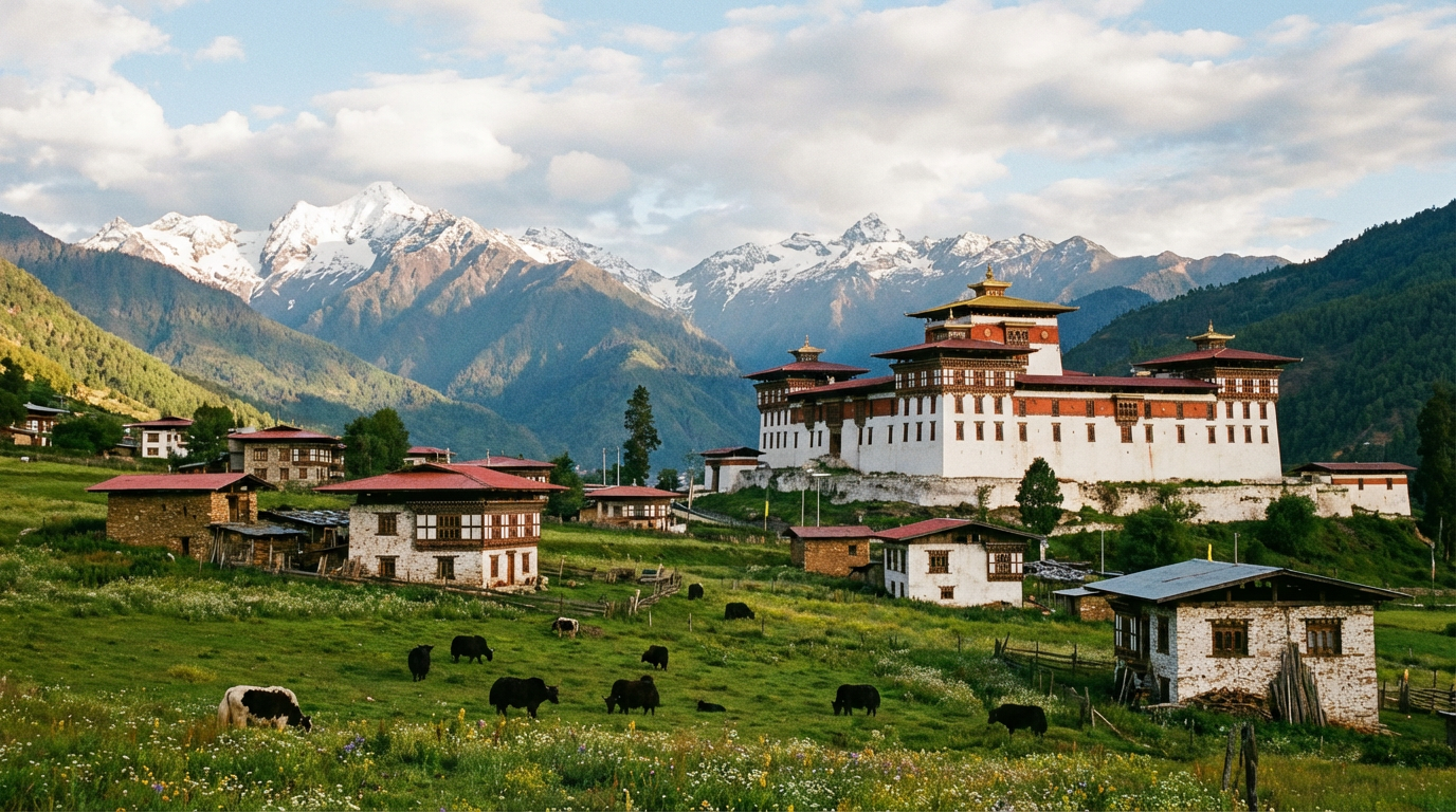 Das abgelegene Haa-Tal mit traditionellen Bauernhäusern, grünen Wiesen und dem Haa Dzong vor der Kulisse schneebedeckter Berge – Bhutans verstecktes Juwel