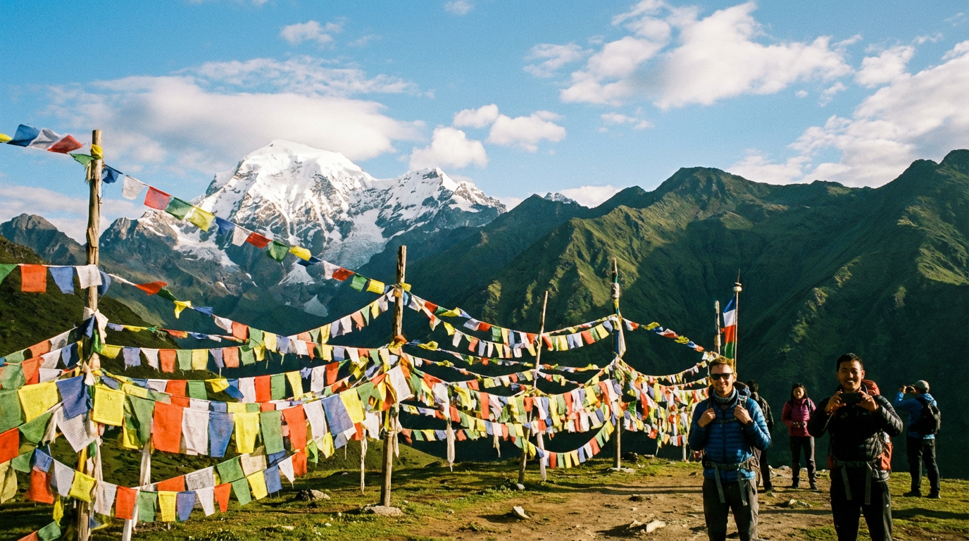 Der Cheli La Pass auf 3.988 Metern Höhe: Tausende bunte Gebetsfahnen spannen sich zwischen Holzpfosten auf dem Passrücken, im Hintergrund erhebt sich der schneebedeckte Gipfel des Mt. Chomolhari (7.326 m) über grünen Bergrücken, blauer Himmel mit einzelnen Wolken, ein paar Reisende genießen die spektakuläre Aussicht