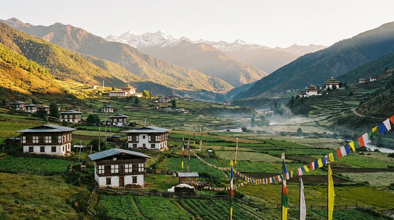 Das abgelegene Haa-Tal bei Morgenlicht: Ein weites, von Bergen umschlossenes Hochtal auf 2.700 Metern Höhe, traditionelle bhutanische Bauernhäuser mit weißen Wänden verstreut zwischen grünen Weiden, bunte Gebetsfahnen flattern im Wind, im Hintergrund erheben sich die schneebedeckten Gipfel nahe der tibetischen Grenze, die beiden historischen Tempel Lhakhang Karpo und Lhakhang Nagpo sind am Talhang erkennbar