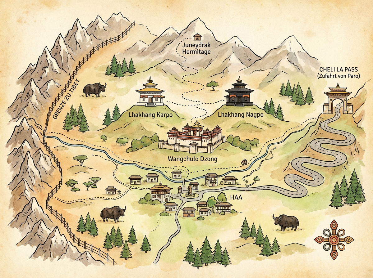 Illustrierte Karte des Haa-Tals mit eingezeichneten Sehenswürdigkeiten: Der Cheli La Pass im Osten als Zufahrt von Paro, das Tal in der Mitte mit dem Ort Haa, die beiden Tempel Lhakhang Karpo (weiß) und Lhakhang Nagpo (schwarz) einander gegenüberliegend, der Wangchulo Dzong als administratives Zentrum, Wanderwege zur Juneydrak Hermitage, und im Westen die Grenze zu Tibet markiert