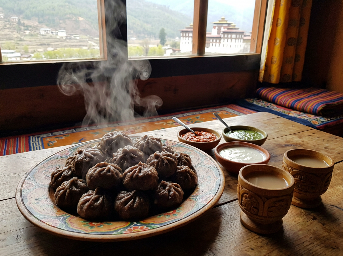 Traditionelle Haapi Hoentoe Buchweizen-Teigtaschen auf einem dekorativen bhutanischen Teller, dampfend serviert, daneben Schälchen mit Dips und lokaler Ara-Schnaps in traditionellen Holzbechern