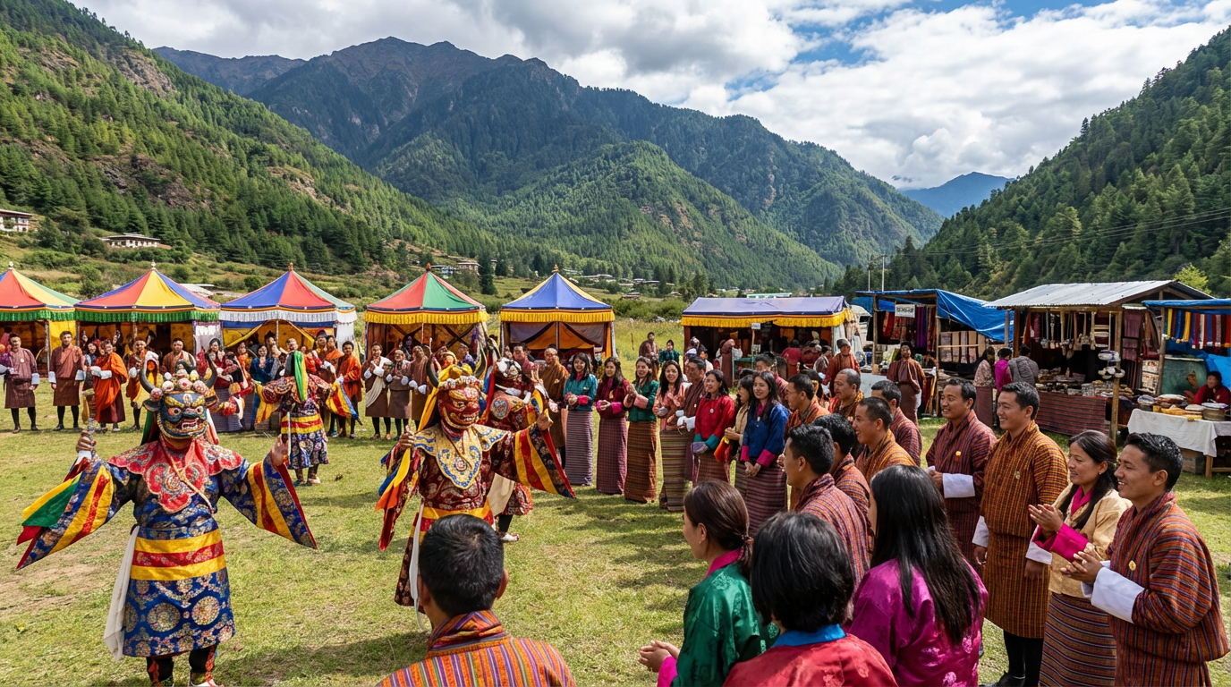 Das Haa Summer Festival: Farbenfrohe Szene auf dem Festivalgelände im Haa-Tal, Einheimische in traditioneller Tracht führen den Yak Cham (Yak-Tanz) auf, bunte Zelte und Stände mit lokalem Handwerk im Hintergrund, Bergkulisse, Besucher in bunter bhutanischer Festtagskleidung schauen zu