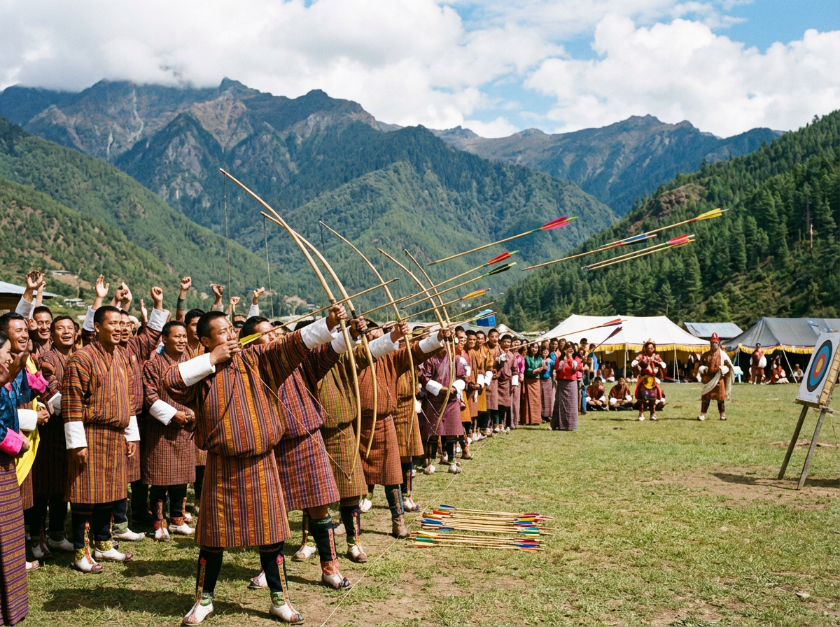Bogenschützen in traditioneller bhutanischer Kleidung beim Wettkampf während des Haa Summer Festivals, bunte Pfeile, Zuschauer jubeln, bergige Kulisse im Hintergrund