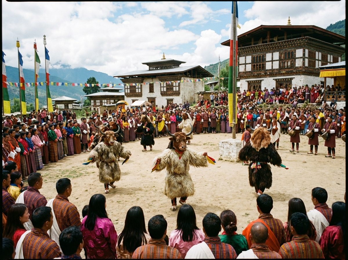 Der Yak Cham beim Haa Summer Festival: Tänzer in beeindruckenden Yak-Kostümen mit realistischen Masken führen den traditionellen Yak-Tanz auf dem Festivalplatz auf, Zuschauer in bunter Kleidung bilden einen Kreis