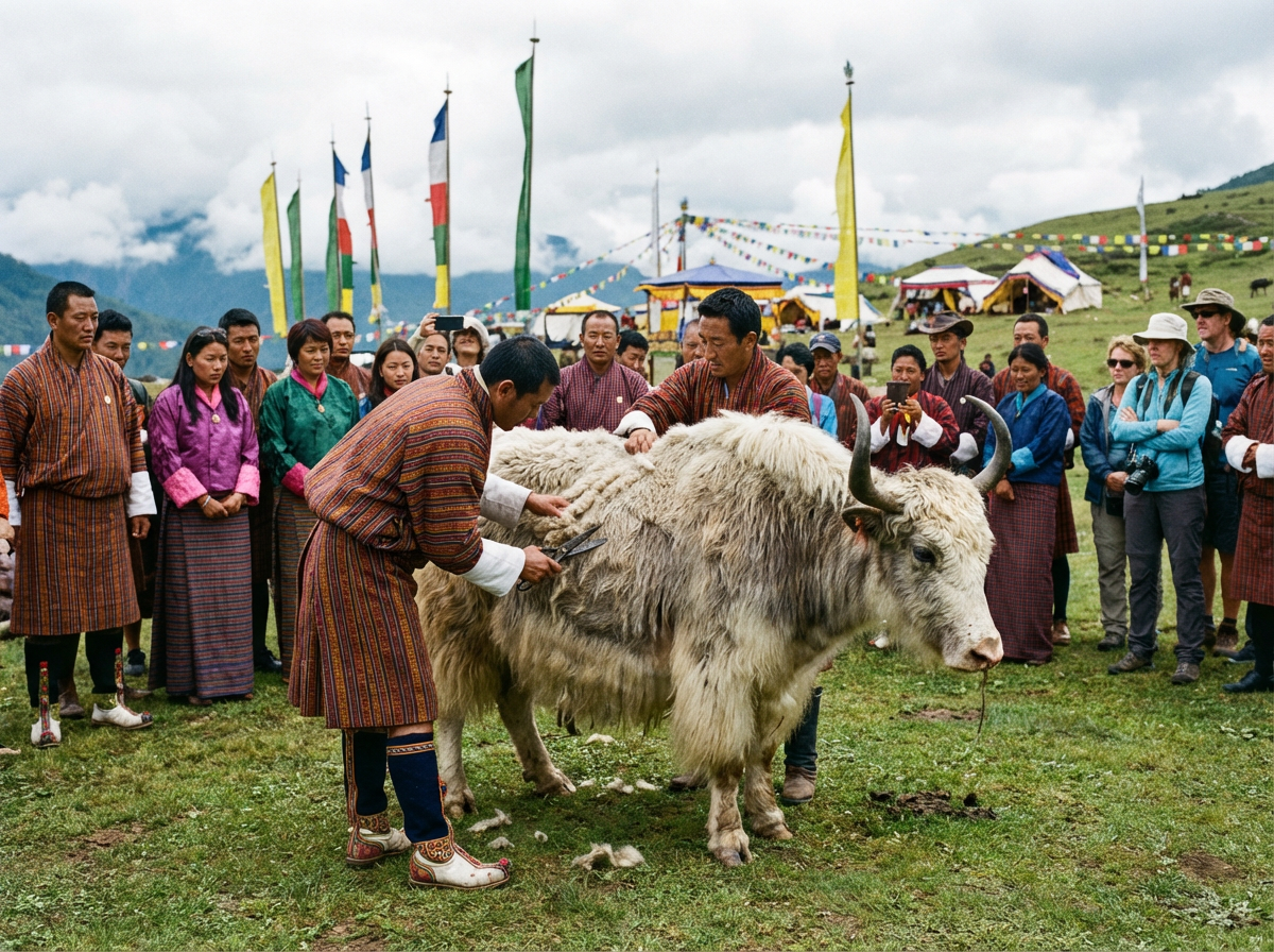 Nomaden beim traditionellen Yak-Scheren während des Haa Summer Festivals, ein zottiger Yak steht geduldig, während Männer in traditioneller Kleidung das Haar abschneiden, Zuschauer beobachten interessiert