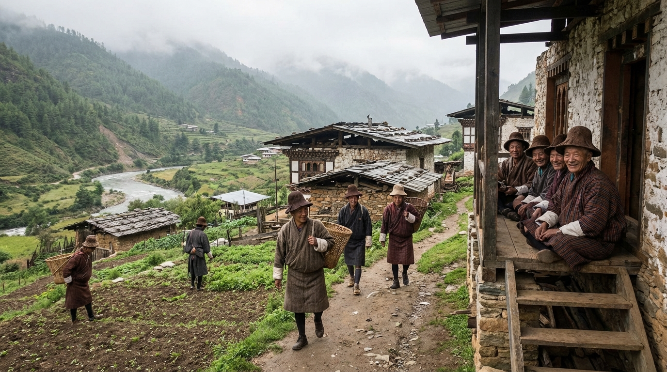Traditionelles Dorf in Ostbhutan mit Brokpa-Bewohnern in ihrer charakteristischen Yak-Haar-Kleidung und Pilzkappen – authentisches Bhutan abseits der Touristenpfade