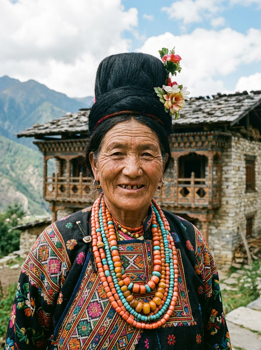 Porträt einer Brokpa-Frau in traditioneller Tracht: rohe Seide mit farbenfrohen Motiven, mehrere Reihen Korallenketten um den Hals, freundliches, wettergegerbtes Gesicht mit warmem Lächeln, im Hintergrund ein traditionelles Steinhaus in Merak