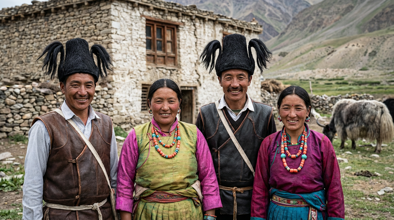 Gruppe von Brokpa in traditioneller Tracht: Zwei Männer mit den charakteristischen schwarzen Yakhaar-Hüten mit fünf Fransen und Lederwesten, daneben zwei Frauen in farbenprächtiger roher Seide mit Korallenketten, alle lächelnd vor einem traditionellen Steinhaus, ein Yak grast im Hintergrund