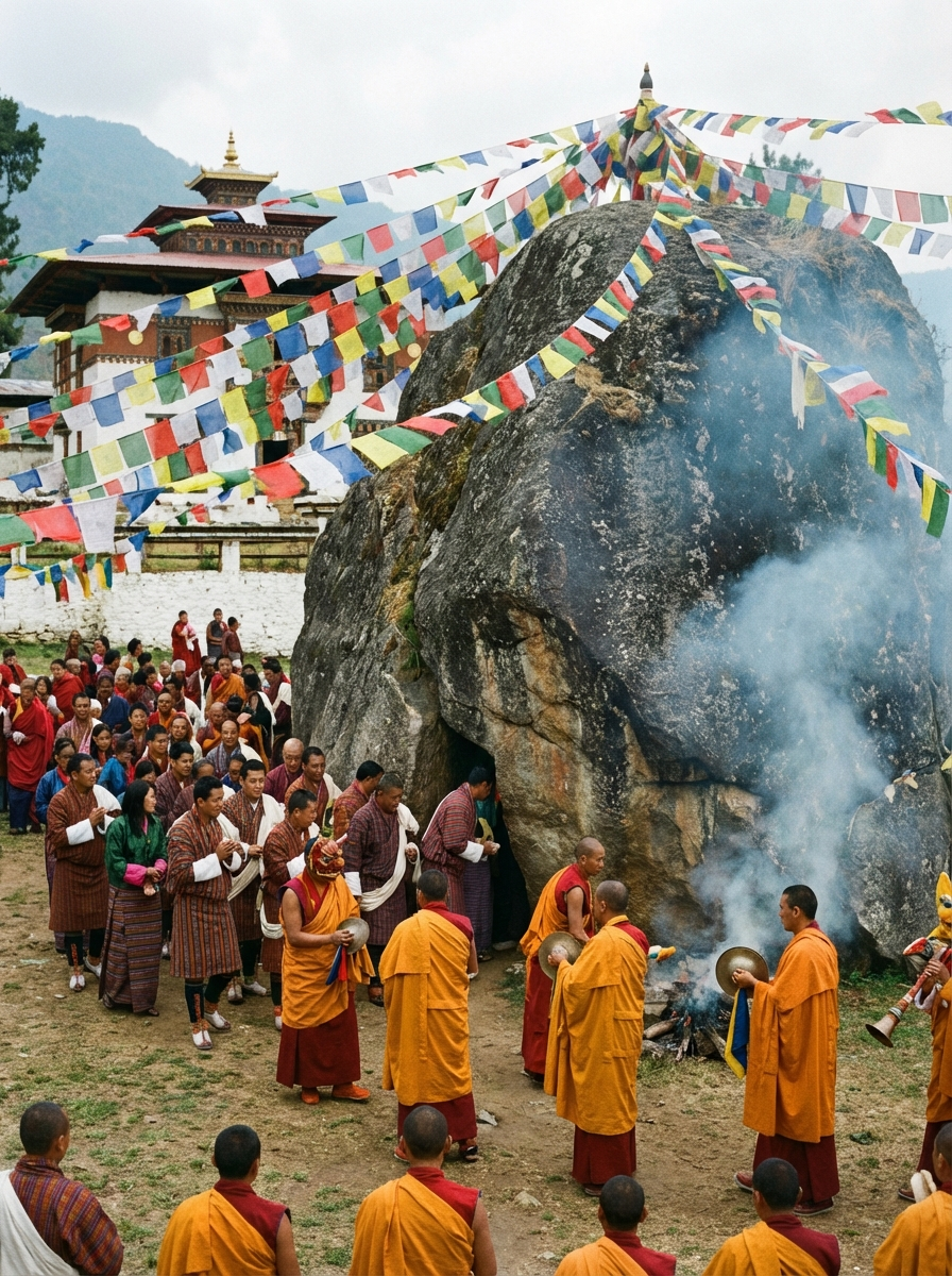 Das Gom Kora Festival: Pilger umrunden den heiligen Felsen mit dem angeblichen Abdruck Guru Rinpoches, Gebetsfahnen wehen, Mönche führen Rituale durch