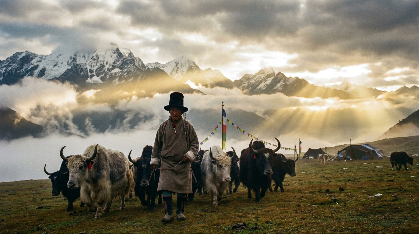 Weite Hochlandlandschaft in Ostbhutan: Ein Brokpa-Nomade in traditioneller Tracht mit schwarzem Yakhaar-Hut führt eine Yak-Herde über eine nebelverhangene Almwiese auf über 3.500 Metern Höhe, im Hintergrund schroffe schneebedeckte Gipfel und tiefhängende Wolken, die Sonne bricht durch und taucht die Szene in goldenes Licht