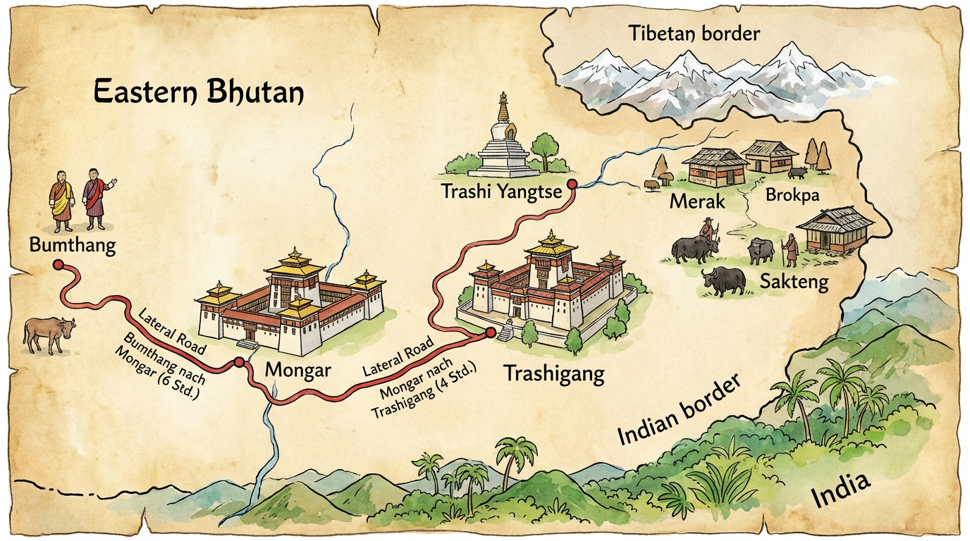 Illustrierte Karte von Ostbhutan: Die östlichen Distrikte mit Trashigang im Zentrum, Mongar im Westen, Trashi Yangtse im Norden, und den Brokpa-Dörfern Merak und Sakteng im Nordosten markiert – die Route von Bumthang über die Lateral Road eingezeichnet, wichtige Orte und Fahrzeiten angegeben, die tibetische und indische Grenze angedeutet