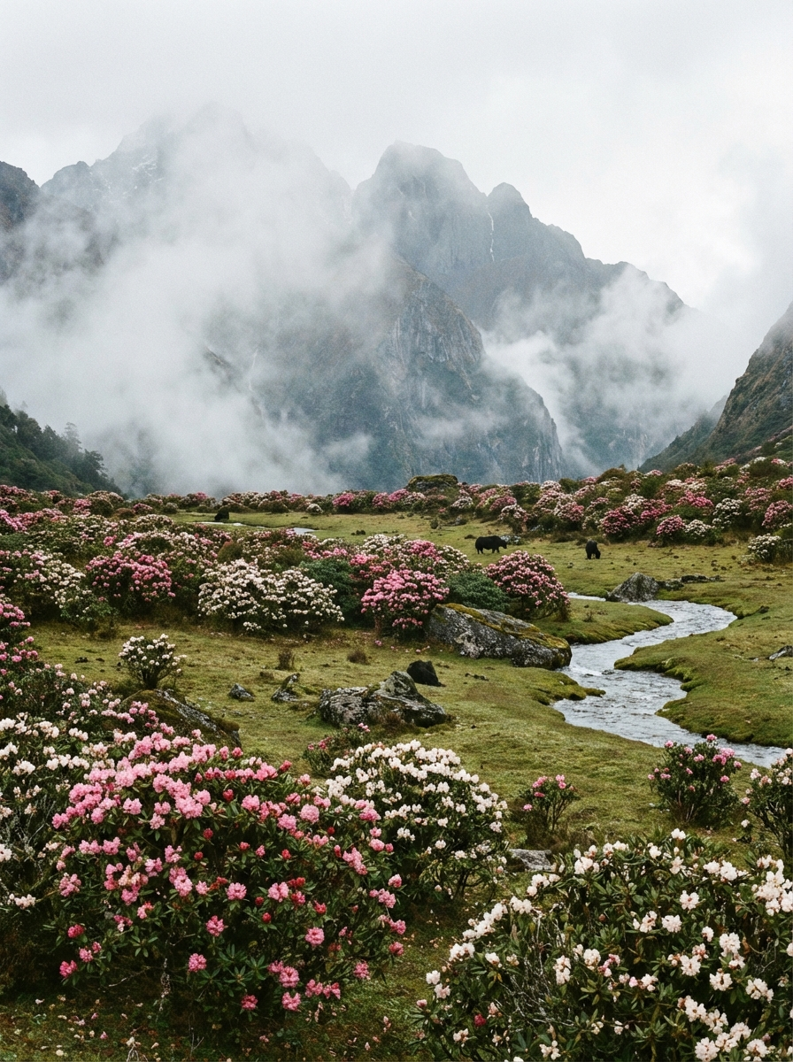 Alpine Rhododendron-Wiese im Sakteng Wildlife Sanctuary: Blühende Rhododendren in Rosa und Weiß auf einer Hochalmwiese über 3.500 Metern, dahinter nebelverhangene Berggipfel, kein Mensch in Sicht, unberührte Wildnis