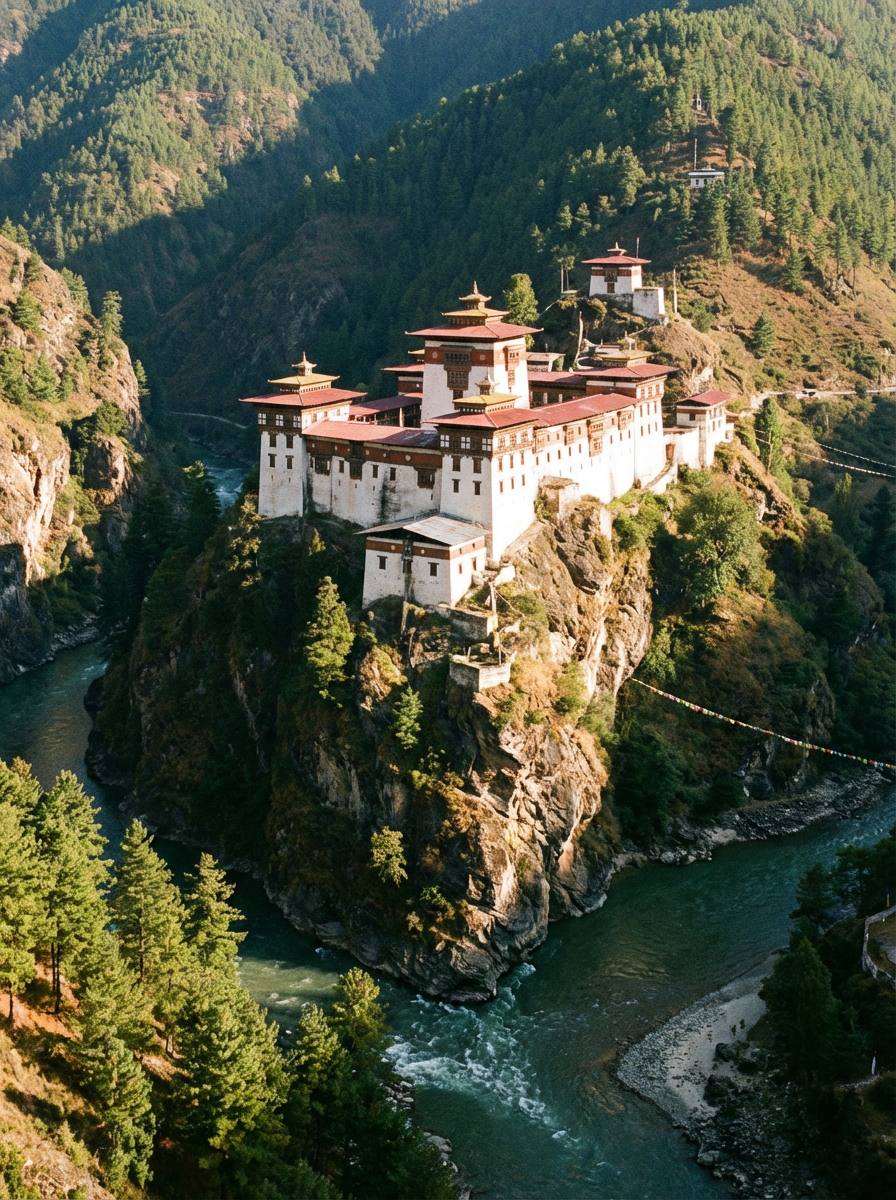 Der Trashigang Dzong auf seinem Felssporn: Ein imposanter weißer Festungsbau mit roten Dächern thront über dem zusammenfließenden Fluss, steile bewaldete Hänge ringsum, keine Touristen in Sicht, goldenes Nachmittagslicht