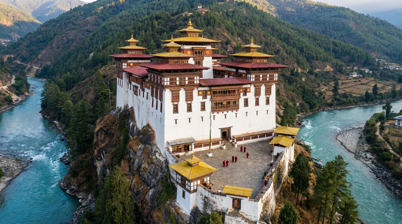 Der Trashigang Dzong in seiner vollen Pracht: Die weiße Festung mit roten Holzbalkonen und goldenen Dächern erhebt sich dramatisch auf einem Felsvorsprung über dem Zusammenfluss zweier türkisfarbener Flüsse, bewaldete Berghänge ringsum, ein paar Mönche in roten Roben gehen über den Innenhof