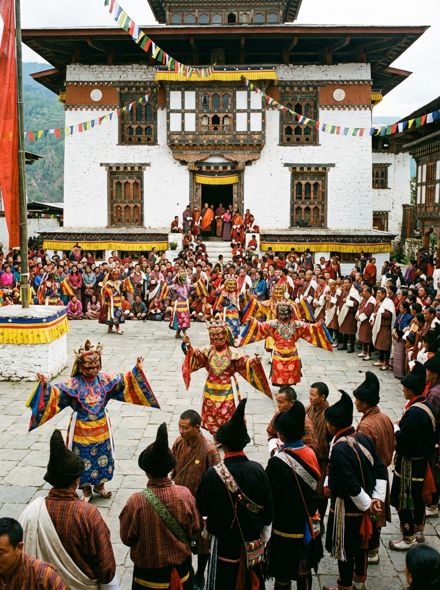 Maskentänzer beim Trashigang Tshechu: Farbenfrohe Kostüme und Masken vor dem Dzong, im Publikum Einheimische und erkennbar Brokpa in ihrer charakteristischen Tracht mit den schwarzen Zipfelhüten