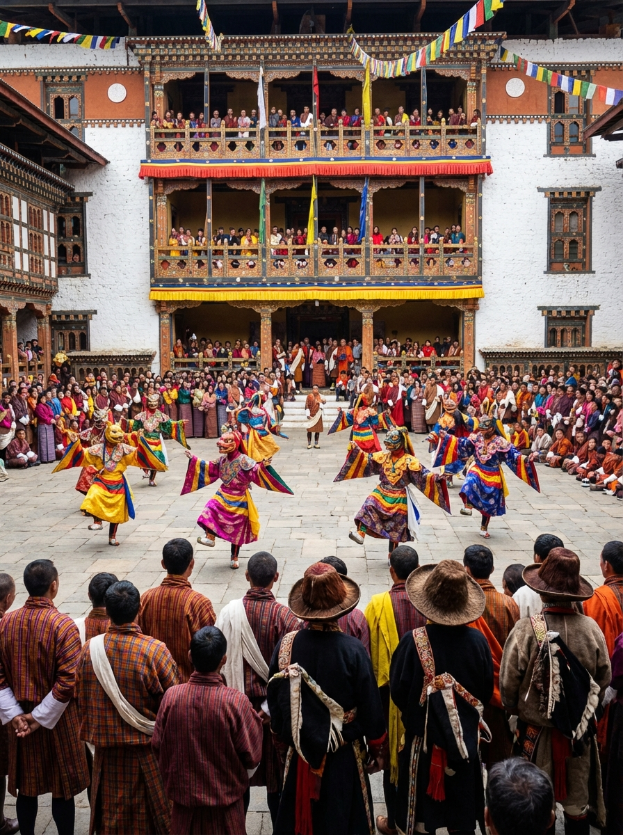 Das Trashigang Tshechu: Maskentänzer in farbenprächtigen Kostümen vor dem Dzong, das Publikum besteht fast ausschließlich aus Einheimischen in traditioneller Festtagskleidung, darunter erkennbar Brokpa in ihrer charakteristischen Tracht