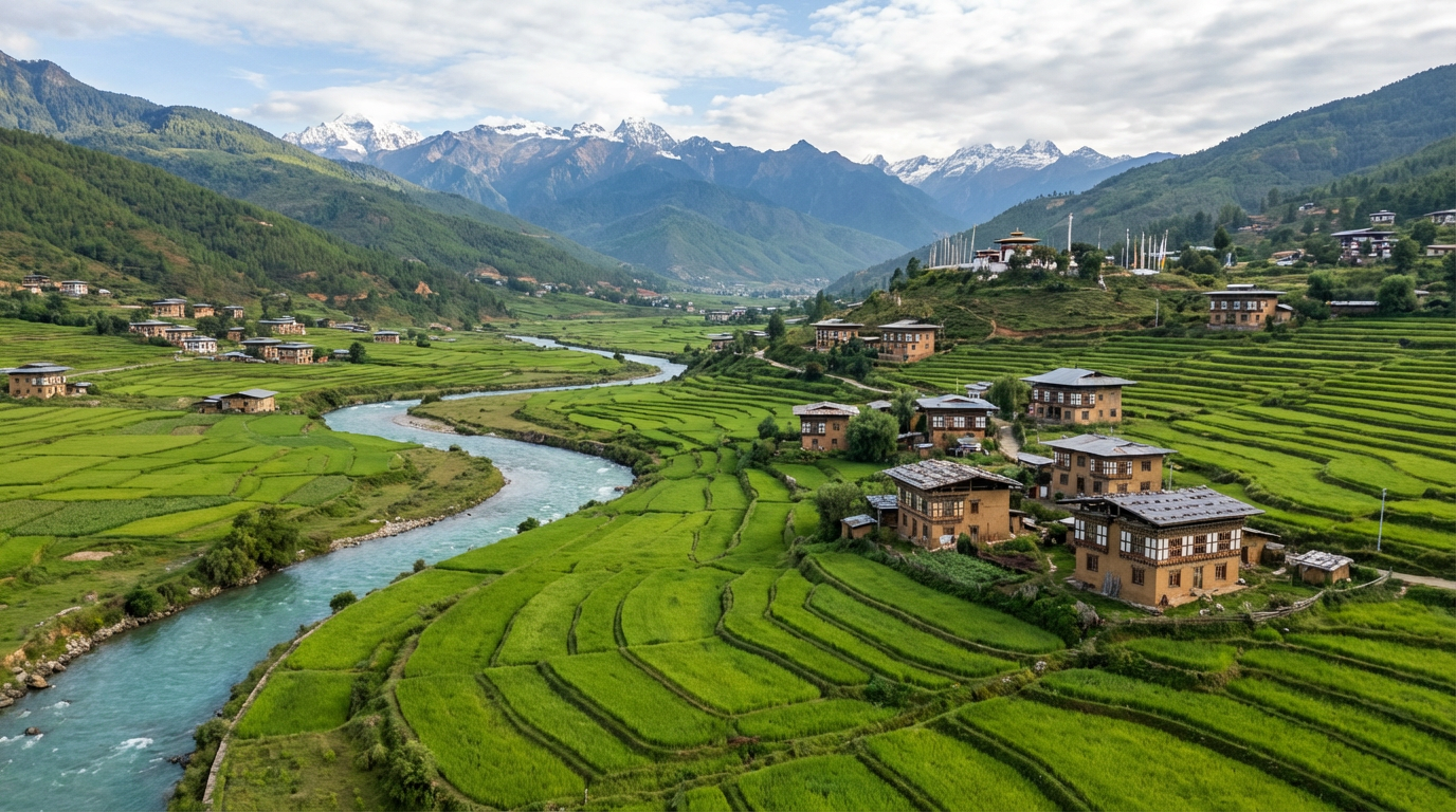 Luftaufnahme des Paro-Tals mit grünen Reisterrassen, traditionellen Häusern, dem gewundenen Fluss und schneebedeckten Himalaya-Gipfeln im Hintergrund – typische Landschaft der bhutanischen Täler