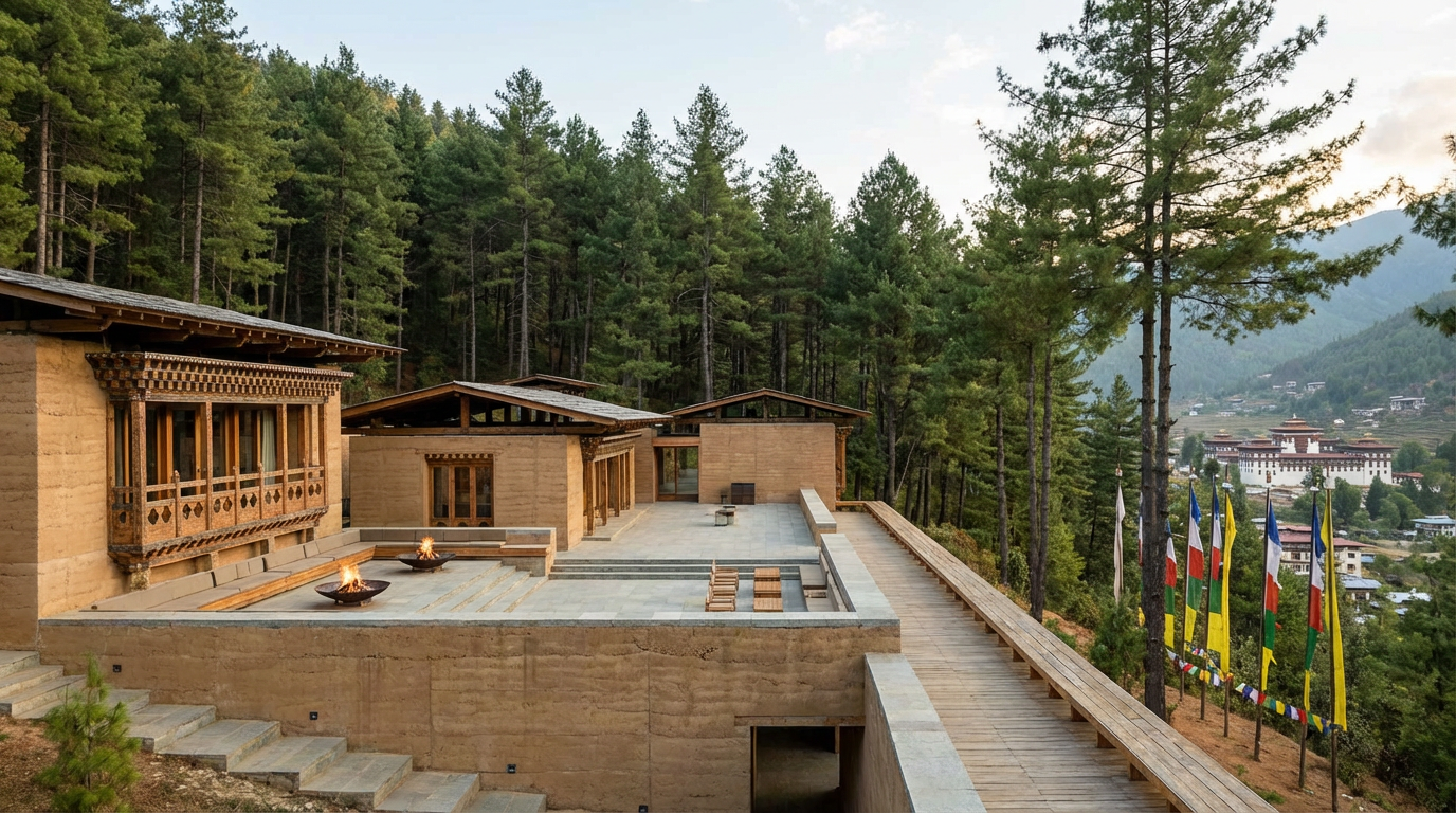 Die Amankora Paro Lodge: Moderne, minimalistische Architektur mit traditionellen bhutanischen Elementen, eingebettet in einen Kiefernwald mit Blick auf das Paro-Tal