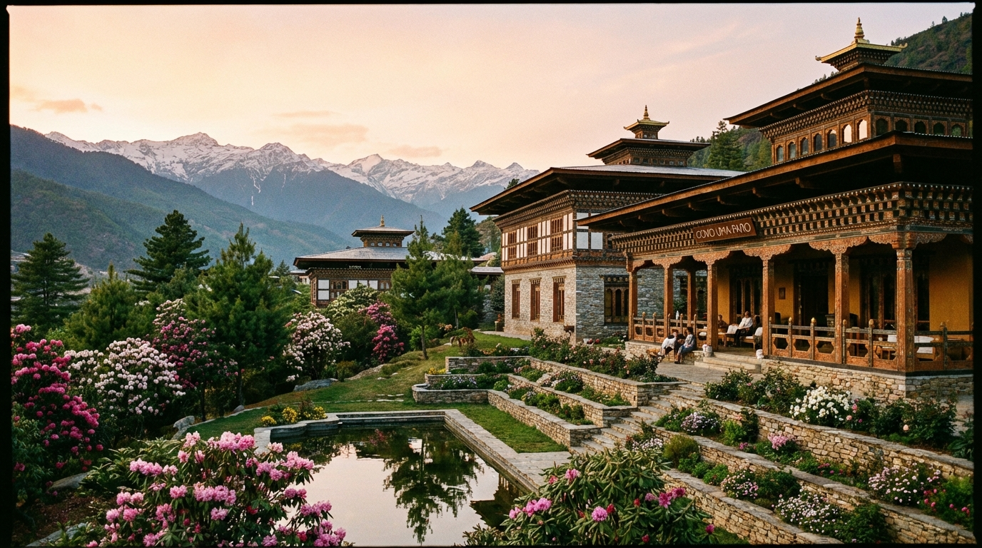 Das Como Uma Paro: Elegantes Boutique-Hotel im traditionellen Stil mit gepflegten Gärten und Blick auf die umliegenden Berge