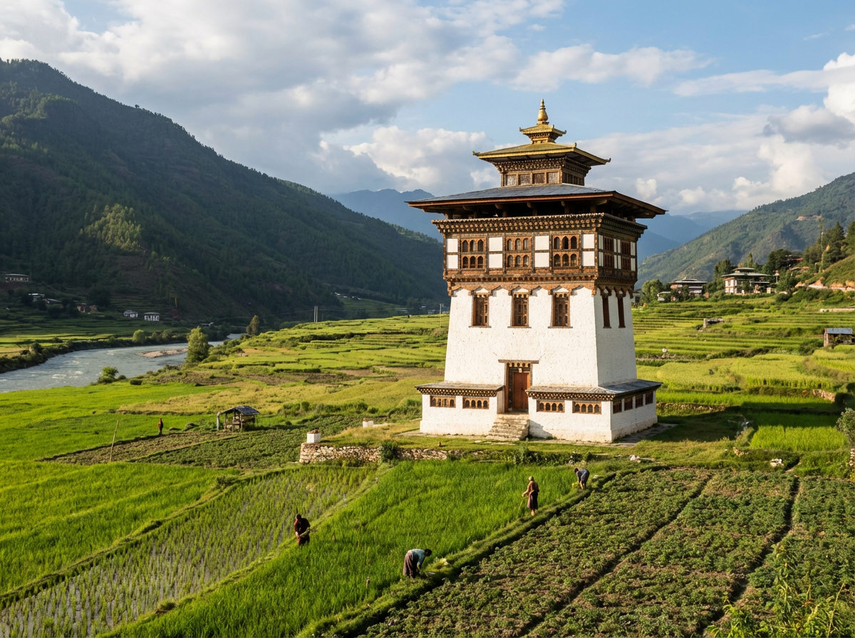 Der Dungtse Lhakhang mit seiner charakteristischen Chorten-Form – der weiße, stupa-ähnliche Tempel hebt sich von den umgebenden Feldern ab