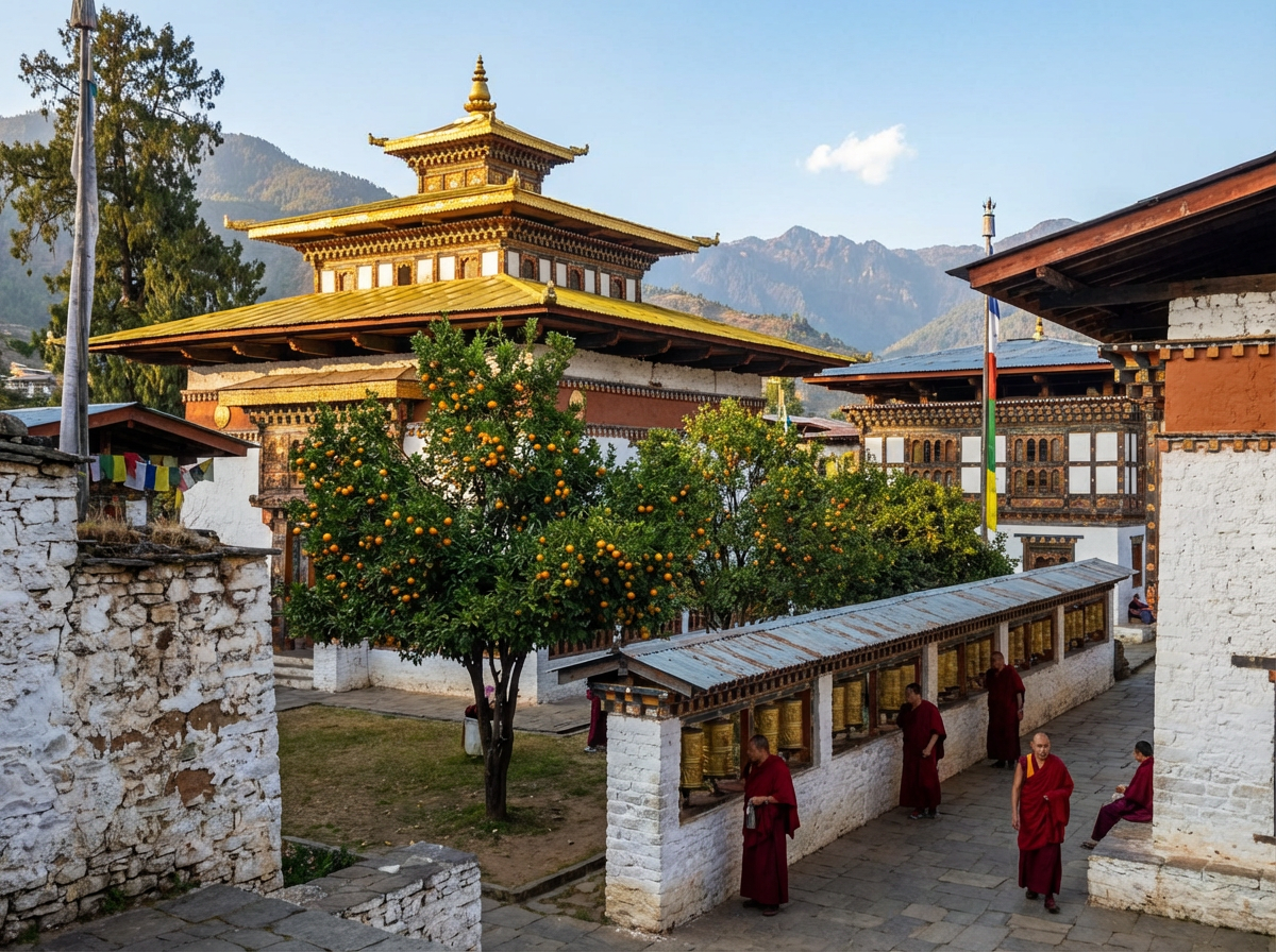 Der ehrwürdige Kyichu Lhakhang mit seinem goldenen Dach, umgeben von einem friedlichen Innenhof mit Orangenbäumen und Gebetsmühlen – einer der ältesten und heiligsten Orte Bhutans
