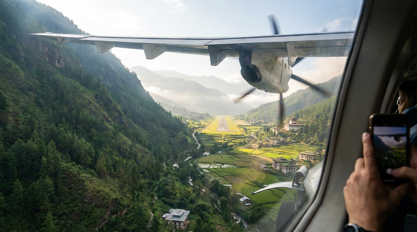 Blick aus dem Flugzeugfenster während des Anflugs auf Paro: Das Flugzeug fliegt niedrig durch ein enges grünes Tal, links und rechts steigen bewaldete Berghänge steil auf, in der Ferne ist die Landebahn zwischen Reisfeldern erkennbar – der spektakuläre Moment kurz vor der Landung