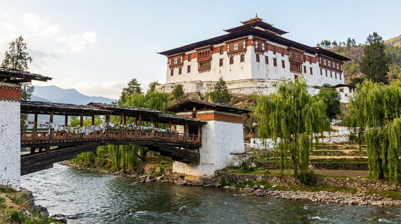 Der Paro Dzong (Rinpung Dzong) von der traditionellen Holzbrücke aus gesehen: Die massive weiße Festung mit roten Holzbalkonen erhebt sich über dem Fluss Paro Chhu, umgeben von Weidenbäumen, im Vordergrund die überdachte historische Brücke