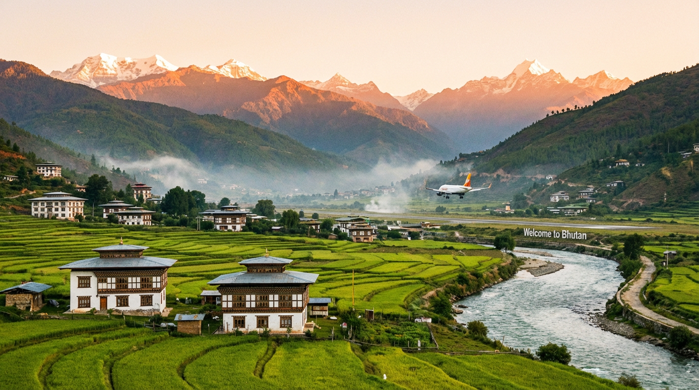 Panoramablick über das Paro-Tal bei Sonnenaufgang: Grüne Reisterrassen, traditionelle bhutanische Häuser mit weißen Wänden, der gewundene Paro Chhu Fluss und im Hintergrund die schneebedeckten Himalaya-Gipfel – die erste Ansicht für jeden Bhutan-Besucher
