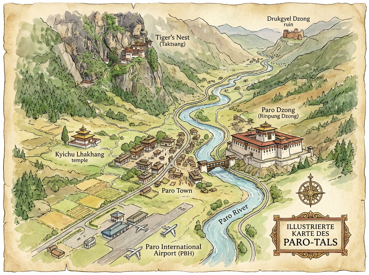 Illustrierte Karte des Paro-Tals mit eingezeichneten Sehenswürdigkeiten: Flughafen im Süden, Paro-Stadt in der Mitte, Paro Dzong am Fluss, Tigernest im Norden an der Felswand, Drukgyel Dzong ganz im Norden, und Kyichu Lhakhang im Westen – alle verbunden durch die Hauptstraße entlang des Flusses