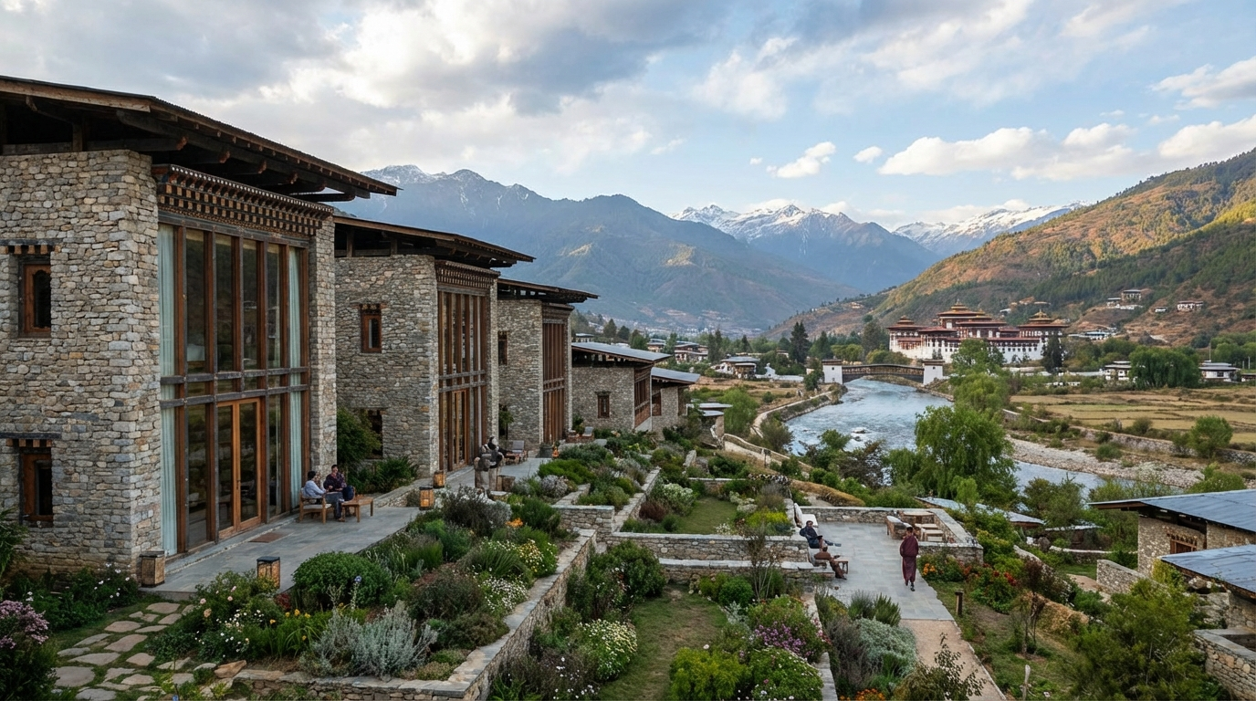 Die Six Senses Lodge in Paro: Steinerne Gebäude mit großen Fensterfronten, umgeben von Gärten, mit Panoramablick über das Paro-Tal und die umliegenden Berge