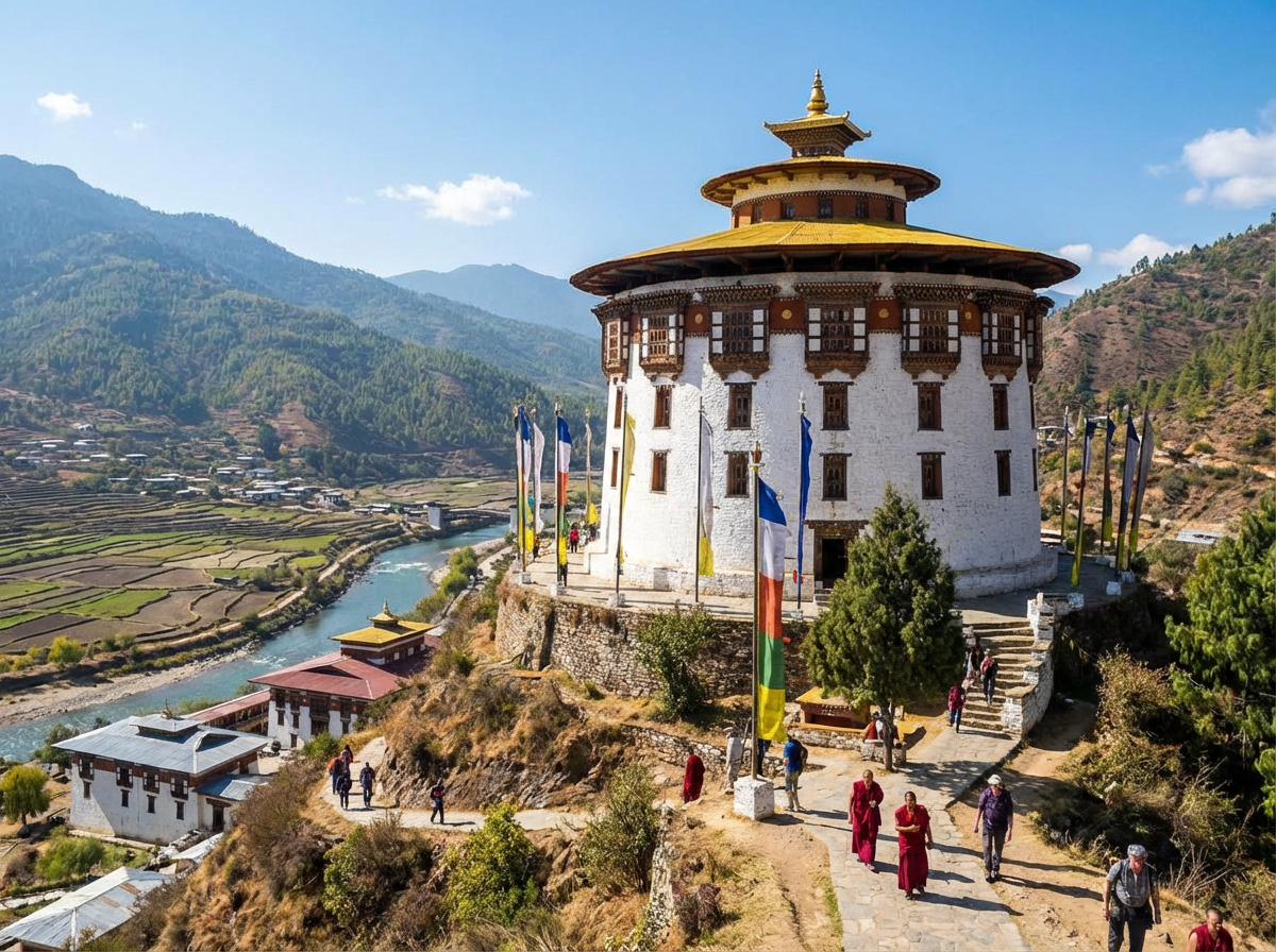 Der runde Ta Dzong, heute Nationalmuseum, thront auf einem Hügel über dem Paro Dzong – seine ungewöhnliche zylindrische Form hebt ihn von anderen bhutanischen Gebäuden ab
