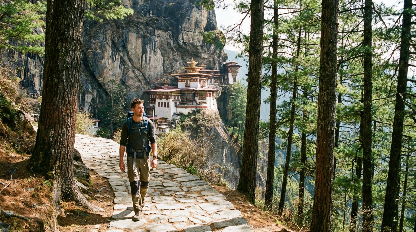 Wanderer auf dem Weg zum Tigernest – der gut ausgebaute Pfad führt durch Kiefernwald, im Hintergrund ist das Kloster an der Felswand zu sehen