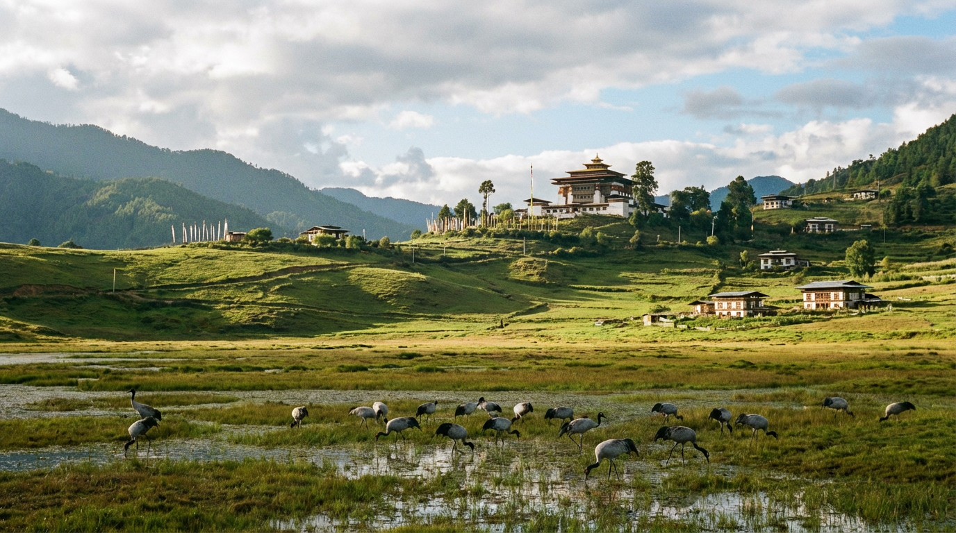 Das weite Phobjikha-Tal mit dem Gangtey Kloster auf einem Hügel, Schwarzhalskranichen im Vordergrund und sanften grünen Hängen – Naturparadies Bhutans